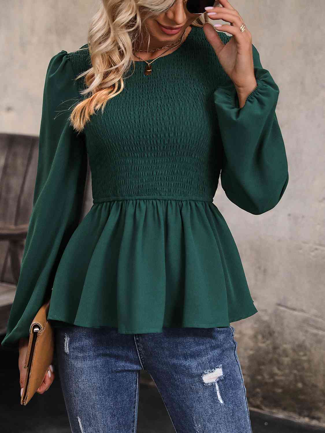 Round Neck Smocked Balloon Sleeve Top